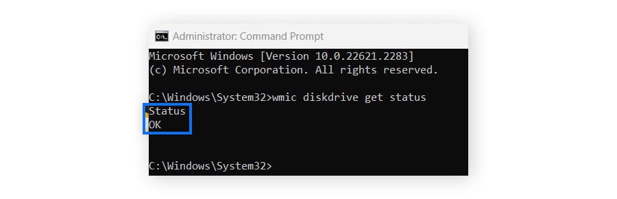 Checking the S.M.A.R.T. status results for your Windows hard drive in cmd.