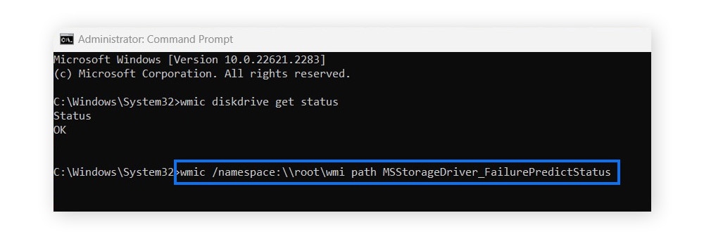 Running a quick prediction failure test for your hard drive in Windows Command Prompt.