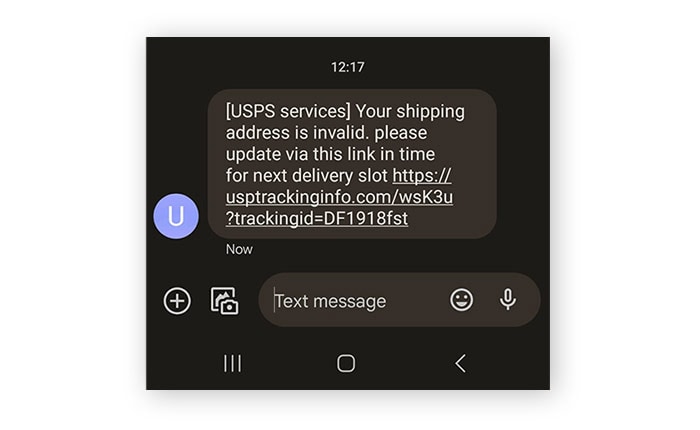 A text from a USPS scam with a fake link.
